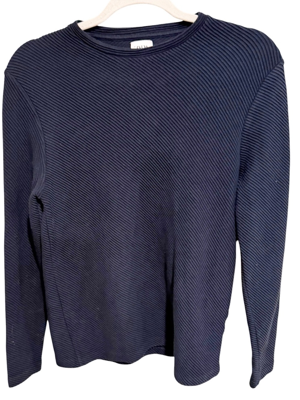 Zara Men's Long-Sleeve Fine Ribbed Performance Crewneck - Navy - Size Small